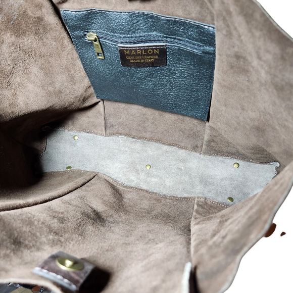 Marlon Brown Suede Tote Bag Made In Italy - Picture 8 of 10